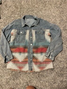 Denim Aztec Snap-Front Jacket with Southwestern Panels